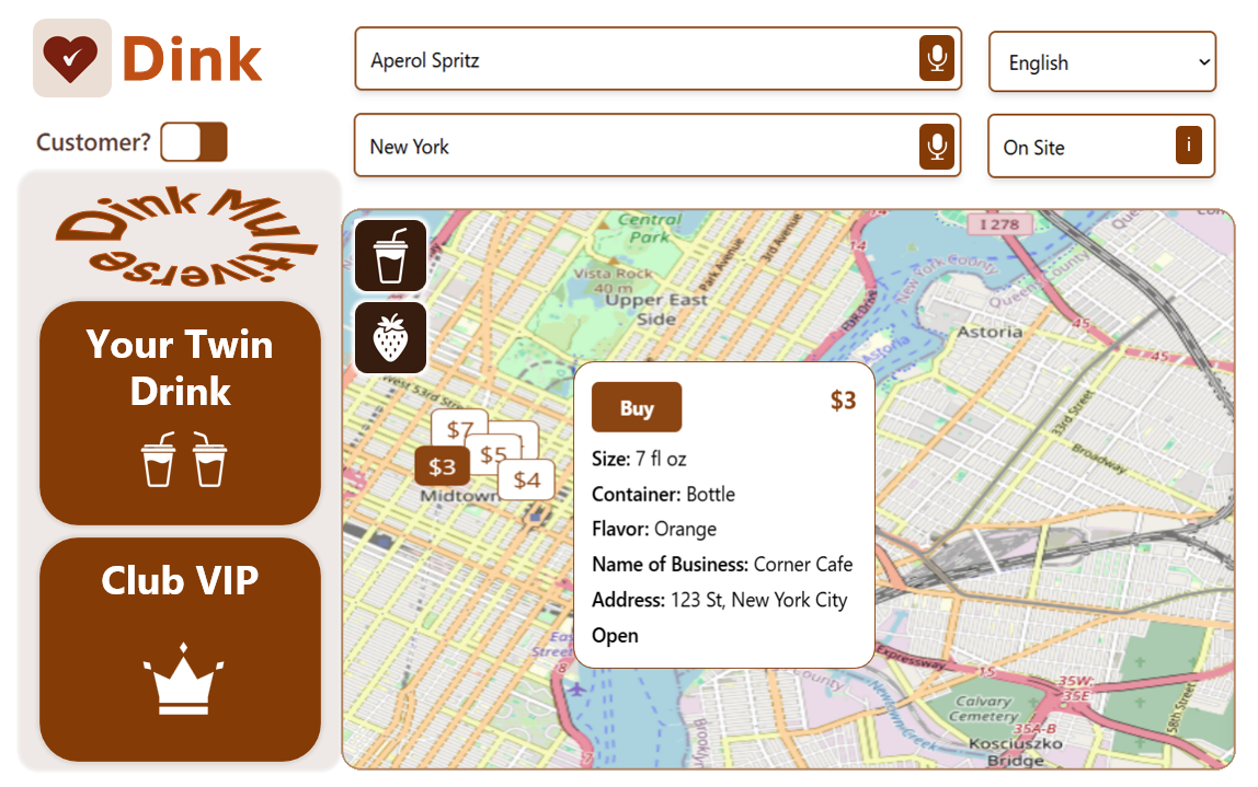 Dink app interface showing drink search and map