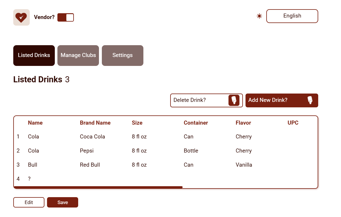 Vendor dashboard interface showing drink listings management with tabs for Listed Drinks, Manage Clubs, and Settings